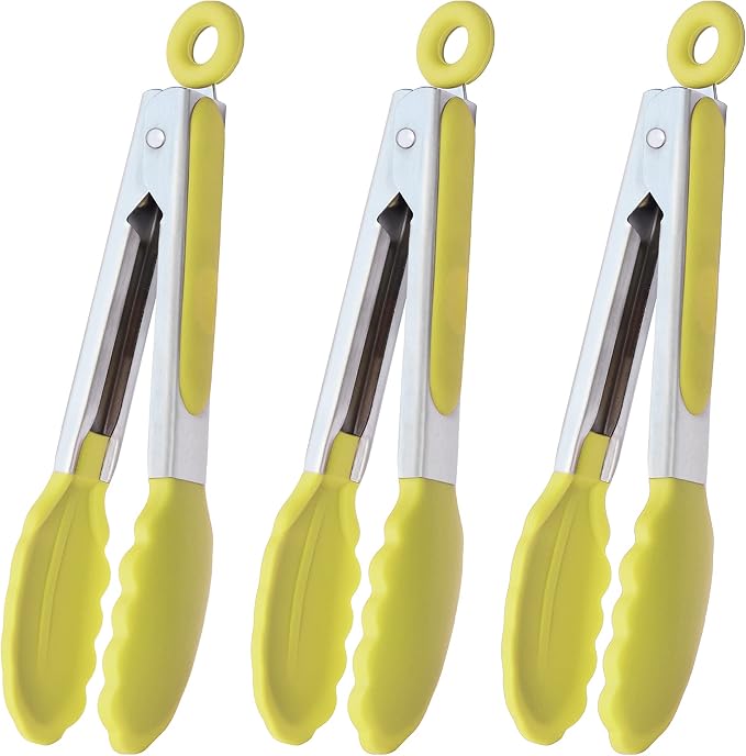 HINMAY Small Appetizer Tongs 7-Inch Silicone Tipped Kitchen Tongs, Set of 3 (Yellow)