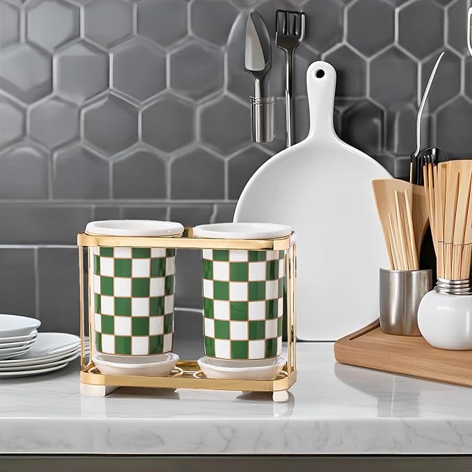 2 pcs Utensil Crocks，Checkered Utensil Holder, Ceramic Cooking Utensil With Layered Shelves，Spoon Spatula Holder for Countertop, Kitchen Decor and Accessories (Green)