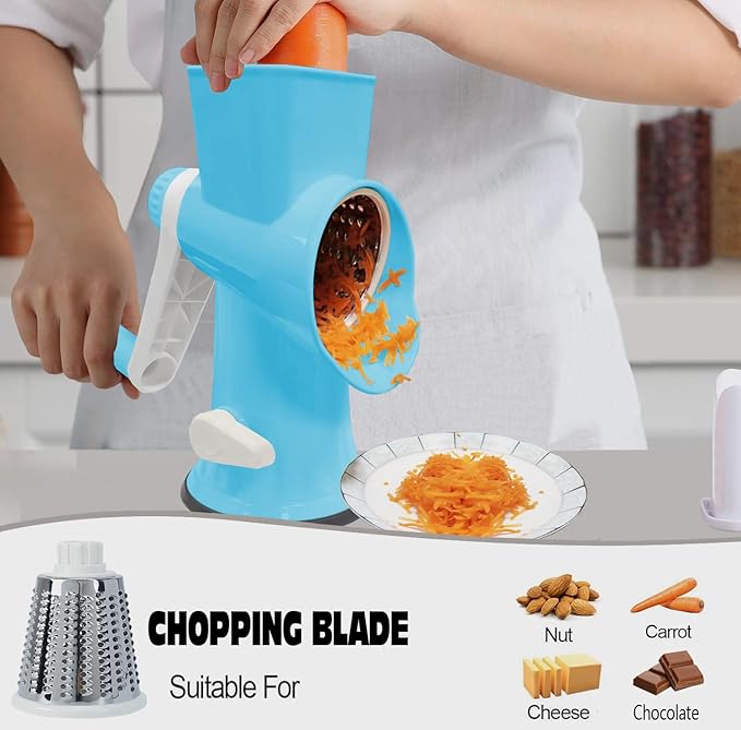 Cheese Grater with Handle,Multifunctional Rotary Cheese Grater,Kitchen Cheese Shredder Can Easily Chop Vegetables,Potatoes,Carrots,Etc.The Suction Cup is Stable and Easy to Clean (dark blue)