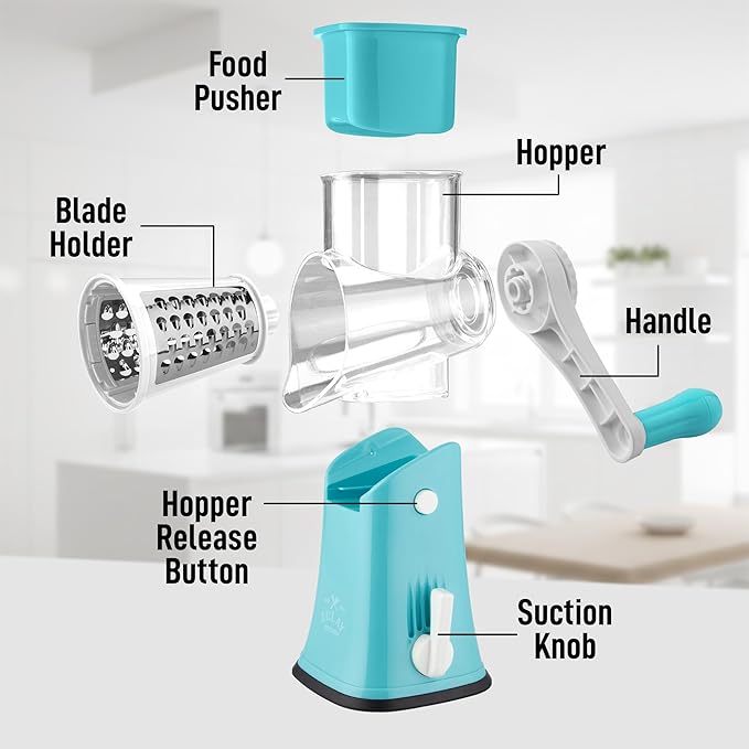 Zulay Kitchen Rotary Cheese Grater 5 Blade Cheese Shredder - Manual Hand Crank Cheese Grater With Reinforced Suction & 5 Interchangeable Drums - Easy to Use, Vegetable Chopper Round Mandoline Slicer