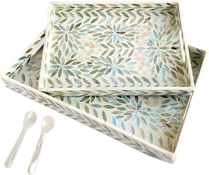 i-lan Set of 2 Mother of Pearl Serving Trays (16" & 14") with 2 Caviar Spoons – Rectangular Wooden Ottoman Tray with Sea Shell Inlay – Decorative Nesting Platters for Coffee Table, Vanity & Breakfast