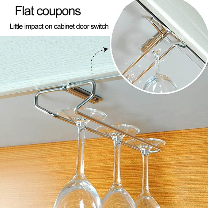 V3VOGUE Stainless Steel Under Shelf Wine Glass Holder, Under Cabinet Stemware Glasses Storage Hanger, Punch-Free Hanging Stemware Holder, Wire Hanging Rack (Single Row, Double Row)