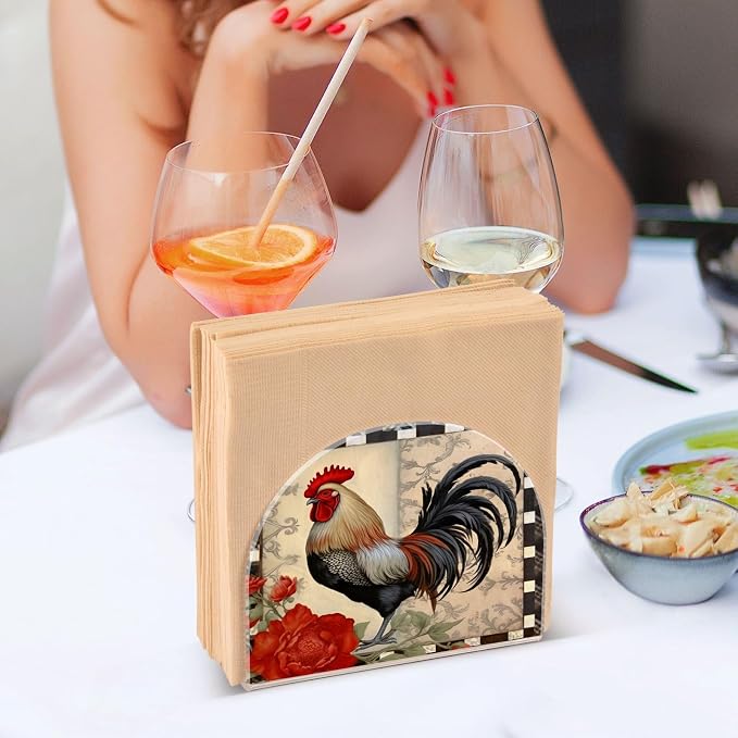 Qilmy Retro Red Rooster Napkin Holder for Table –Napkin Holders for Kitchen, Table Napkin Holders, Cocktail Napkin Holder,Paper Napkins Holder