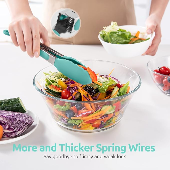 600ºF Heat Resistant Kitchen Tongs: U-Taste 9 inch Silicone Cooking Tong with Firm Sealed Non Stick Rubber Tips & Silicon Coated 18/8 Stainless Steel Handle & Smooth Locking for Serving Salad-Aqua Sky