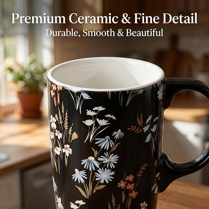 DUSVALLY Ceramic Coffee Mug Travel Cup with Lid and Handle, Reusable 17 Oz Ceramic Latte Teacup in Color Box, Suitable for Car Cup Holder, Black Flower