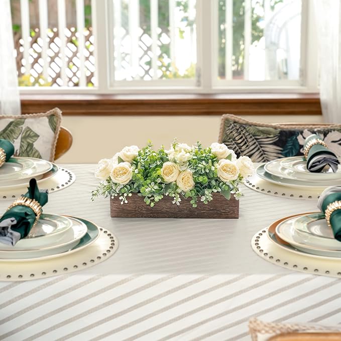 Dahey Centerpiece Table Decorations for Dining Room Farmhouse Table Centerpieces Decor Wood Tray with 3 Artificial Flowers and 2 Eucalyptus for Living Room Kitchen Table, 14.1" x 4.7" x 3.1"