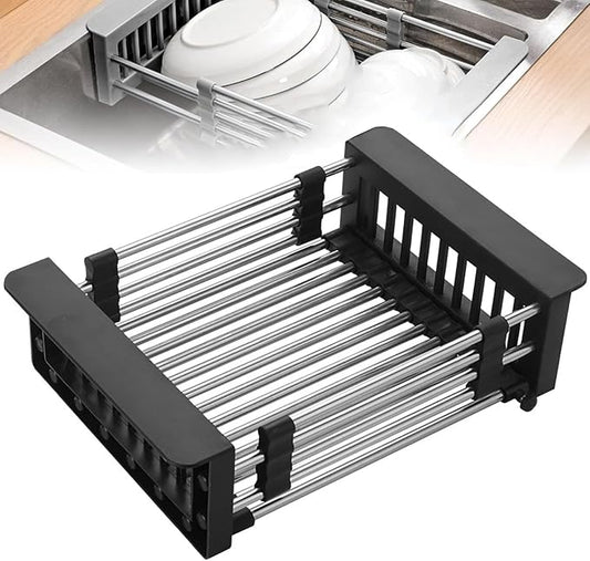 Extend Kitchen Sink Drain Basket,Stainless Steel Retractable Sink Rack,Over Sink Dish Rack,Portable Telescopic Kitchen Sinks Accessories,Extender Basket for Vegetables Fruits and Dishes(Black,Small)