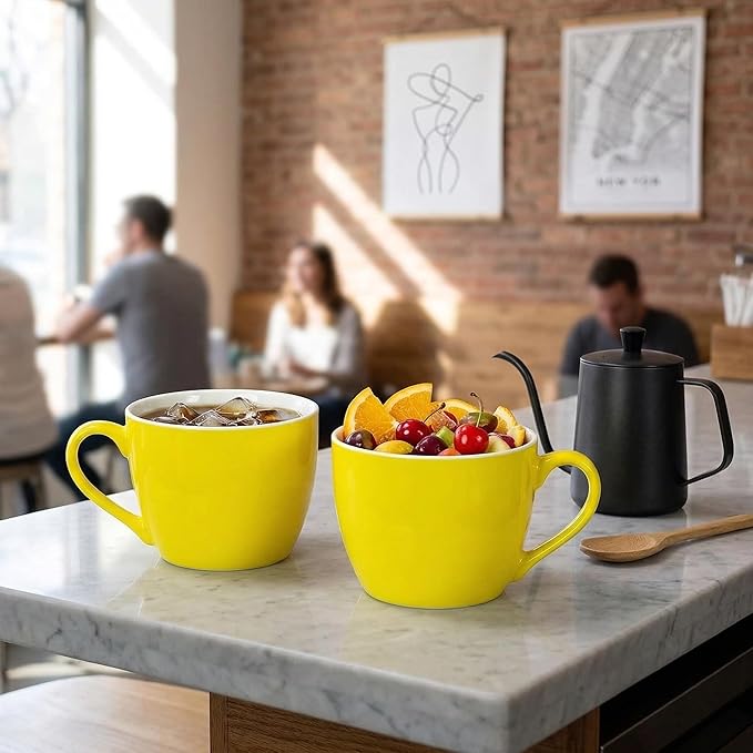 MECOWON 30 OZ Porcelain Coffee Mugs, Set of 2 Large Mugs for Soup, Cereal and Salad (Yellow)