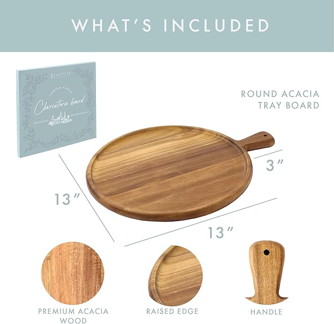 Charcuterie Board - Round Acacia Wood Cutting Board for Kitchen with Handle, Cheese Board for Chopping Vegetables, Bread, Fruits, Meat - Decorative Wooden Serving Tray House Warming Gift