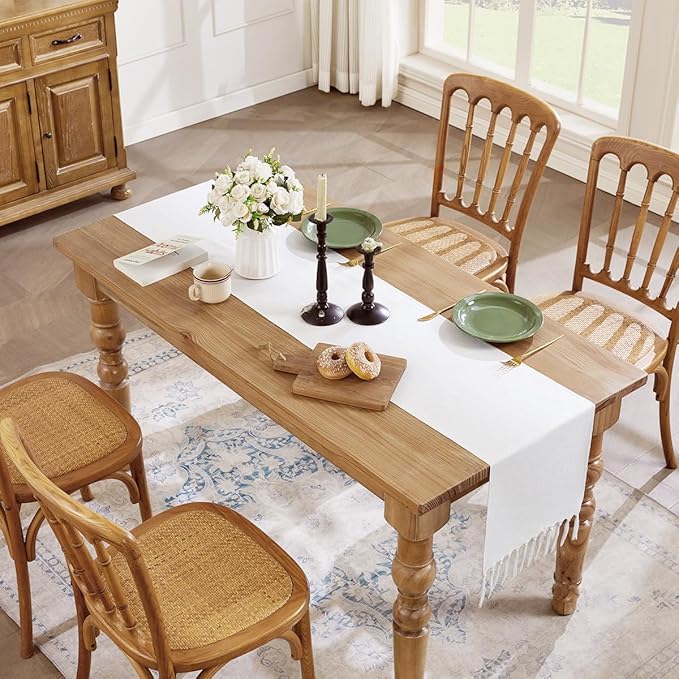 Linen Style Rustic Table Runner, Farmhouse Cotton Linen Table Runner, Boho Table Runners 108 Inches Long with Hand Tassels for Home Tabletop Decor and Everyday Use - White, 108 Inch