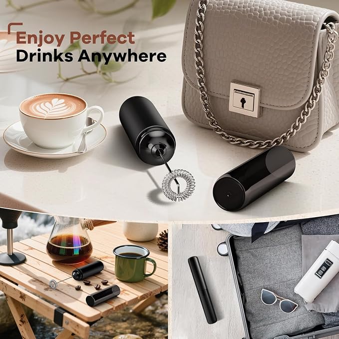 Rechargeable Milk Frother Handheld, Portable Hand Mixer Frother Wand Drink Mixer for Coffee, Latte, Matcha, Cappuccino, Frappe with cover kitchen gifts (Matte Black)