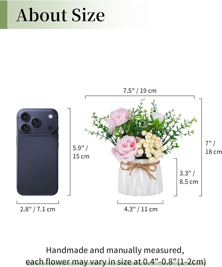 BLOSMON Table Decor Artificial Flowers Vase 7 Inch Small Fake Pink Flower Arrangement 2pcs for Tables Centerpieces Kitchen Dining Room Decorations Faux Flower in Vase Coffee Table Silk Roses