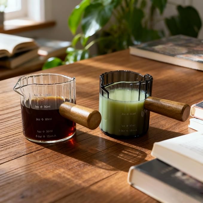 Glass Espresso Shot Measuring Cup Set, Gray, Double Spout Design with Wood Handle, 4 oz Capacity, 2 Pack, Coffee Bar Accessories (Gray)