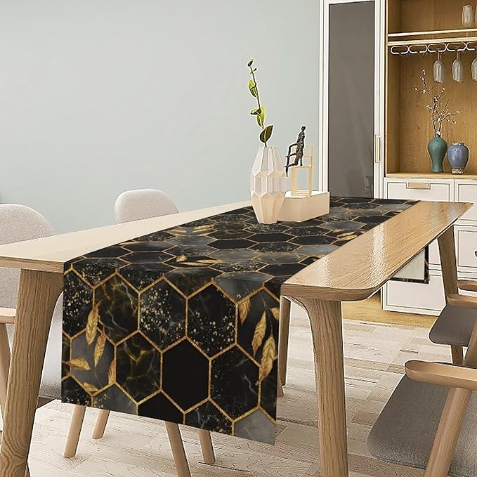 Marble Table Runner, Black and Gold Abstract Geometry Hexagon Modern Luxury Texture Printed Linen Table Runners for Living Room Kitchen Dining Room Party Holiday Decor 13" W x 60" L