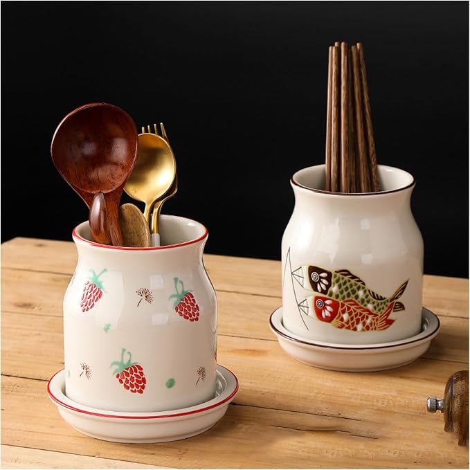 Dxcaicc Kitchen Utensil Holder for Countertop, Kitchen Utensils Holder with Dray Holes, Ceramic Countertop Utensil Holder, Drain Rack, Spatula Holder,C