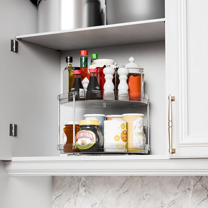 2 Tier Lazy Susan Turntable for Cabinet,Countertop,Pantry,12"W Spinning Seasoning Organizer,Double Rotating Kitchen Spice Rack Organizer and Condiments,Medicine,Vitamin Bottle Organizer Carousels,1Pc