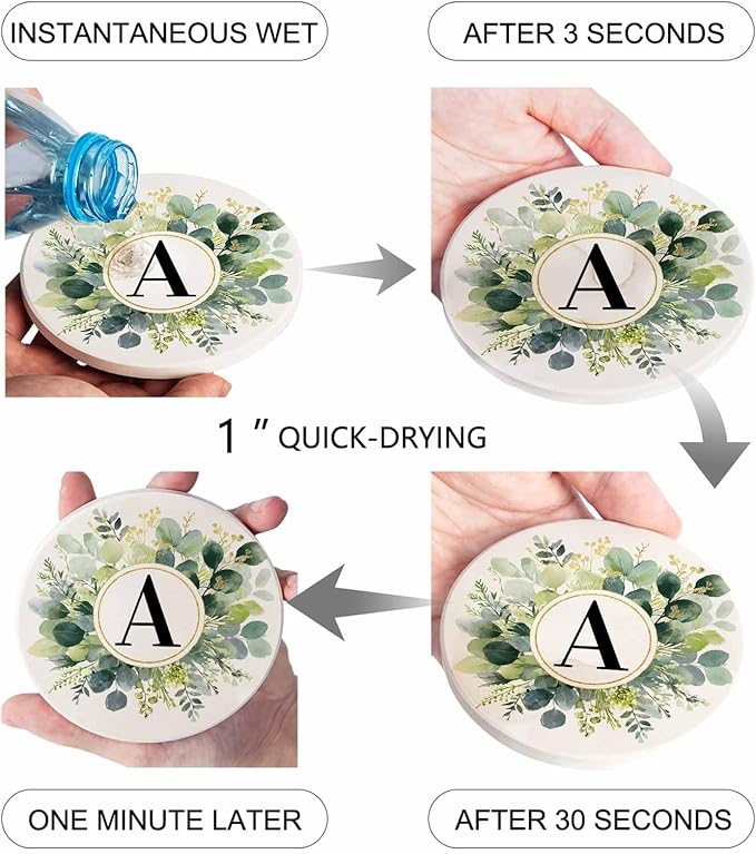 Coasters Set of 4 Letter A Drink Coasters with Holder Absorbent Stone Ceramic Cup Mat Alphabet Green Eucalyptus Leaves Coaster for Drinks Coffee Bar Office Kitchen Cafe Home Decor