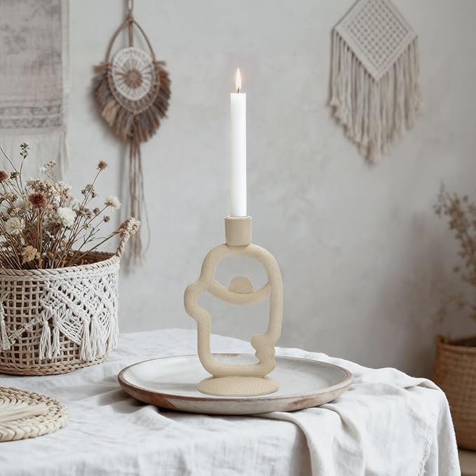 Face Decorative Taper Candle Holder - Modern Abstract Creative Face Candlestick Holder for Table Centerpiece, Beige Medium Candle Sticks Holder Decor for Home Dinning Party Birthday Housewarming Gifts