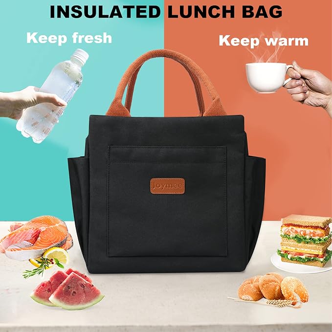 Joymee Insulated Lunch Bag For Women Reusable Leakproof - Black | Large Capacity, Bottle Holder & Side Pockets, Leakproof Insulated Design, for Work, Travel, Picnic & Daily Use, for Adult