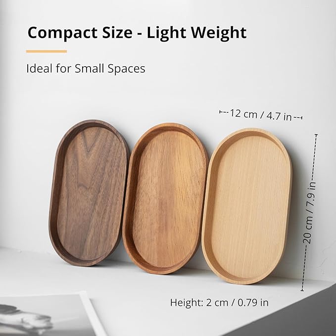 Vandroop Wooden Mini Serving Tray for Parties, Tea&Coffee Table Tray, Small Oval Wood Plate for Fruit&Snacks, Decorative Tray for Jewellery Key Coin, Tray for Bathroom (Walnut, 7.8”×4.66”)