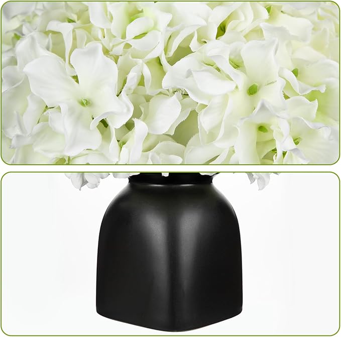 Briful White Hydrangea Artificial Flowers in Ceramic Vase, Black Vase Farmhouse Centerpieces for Tables, Dining Table Vase with Fake Flowers for Home Decor Indoor Kitchen Living Room