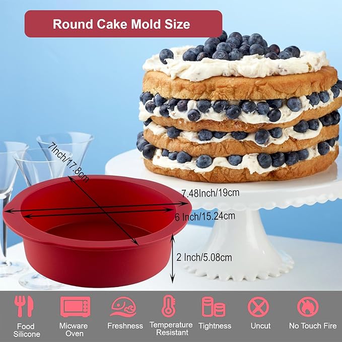 Nalchios 6 Inch Silicone Round Cake Pan Set of 3 - Non-stick Easy Releasing Mini Baking Molds for Layer, Pizza, Cheese, Chocolate - Flexible BPA Free