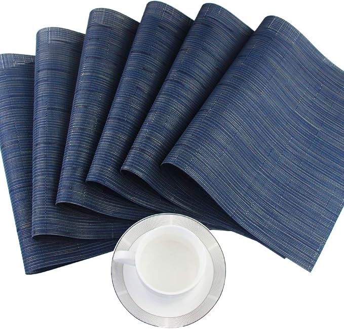 Plastic Placemats,Non Slip Washable Placemats for Dining Table Wipe Clean Table Mats Set of 6 (Navy Blue)