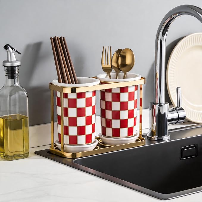 Ceramic Checkered Utensil Crocks with Gold Metal Rack, Black & White Grid Kitchen Utensil Storage, Farmhouse Kitchen Decor, Flatware Organizer & Home Accessory (Red)