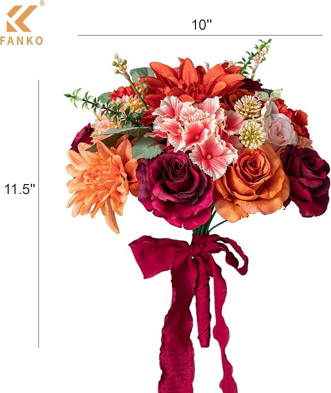 FANKO Artificial Flowers for DIY, Burgundy Burnt Orange Blush Pink Faux Flowers Bouquet, Fake Rose Poppy Dahlia Daisy Silk Flowers for Vase, Home Decor, Celebrations, Summer Wedding, Birthday, Party