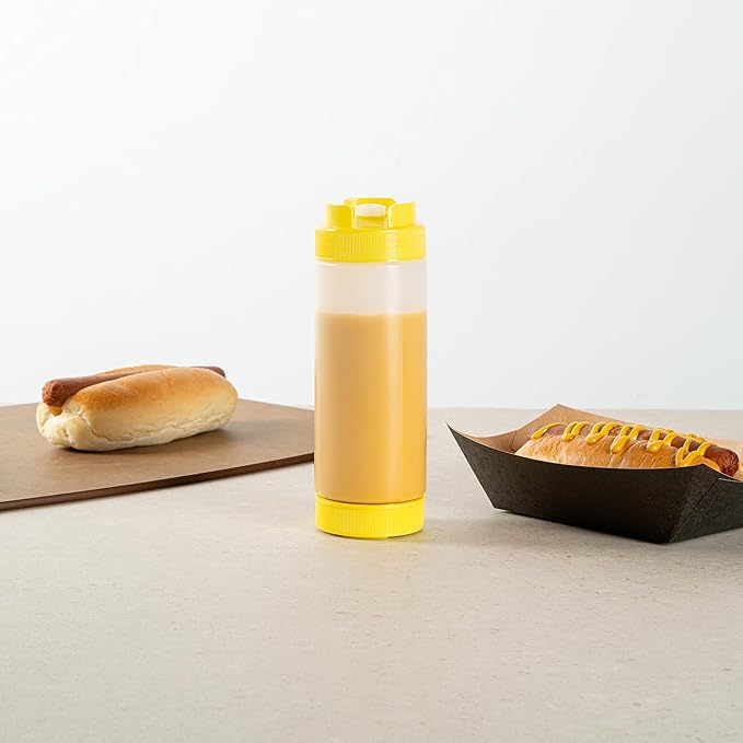 Restaurantware Plastic Squeeze Bottle 20 oz Refillable Condiment Bottle Large Valve Dishwashable Yellow Inverted Sauce Dispenser For Thick Condiments, Dressings, Batter, Sour Cream, And Syrups