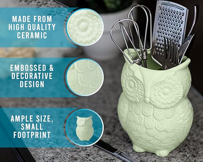 Comfify Owl Utensil Holder Decorative Ceramic Cookware Crock & Organizer, in Lovely Green Color - Utensil Caddy and Perfect Kitchen Ceramic Decor Gift - 5” x 7” x 4” Size