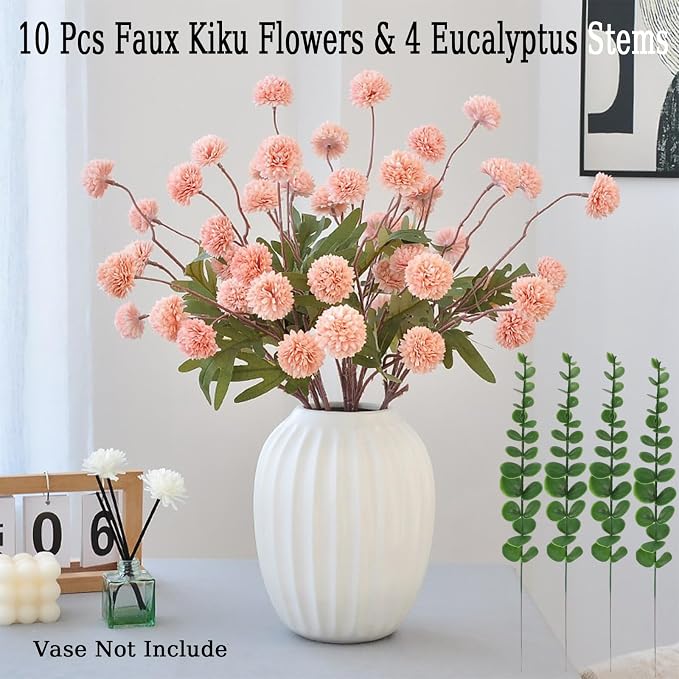 10pcs Faux Pink Kiku Flowers, 5 Heads Each Stem & 4 Branches Eucalyptus Stems, Artificial Small Mini Chrysanthemum Flowers for Aesthetic Room Decor, Floral Arrangements Centerpiece