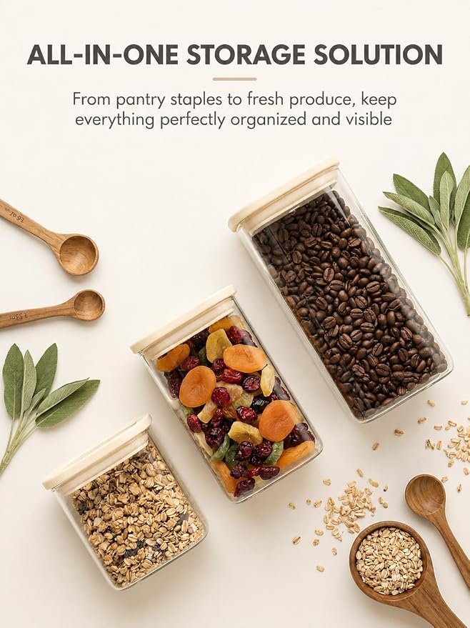 12pcs Square Glass Pantry Storage Containers Set with Glass Lids 0.76Qt/1.22Qt/1.67Qt - Airtight Stackable Kitchen Canisters Sets | 24floz / 40floz / 53floz Glass Pantry Storage Jars