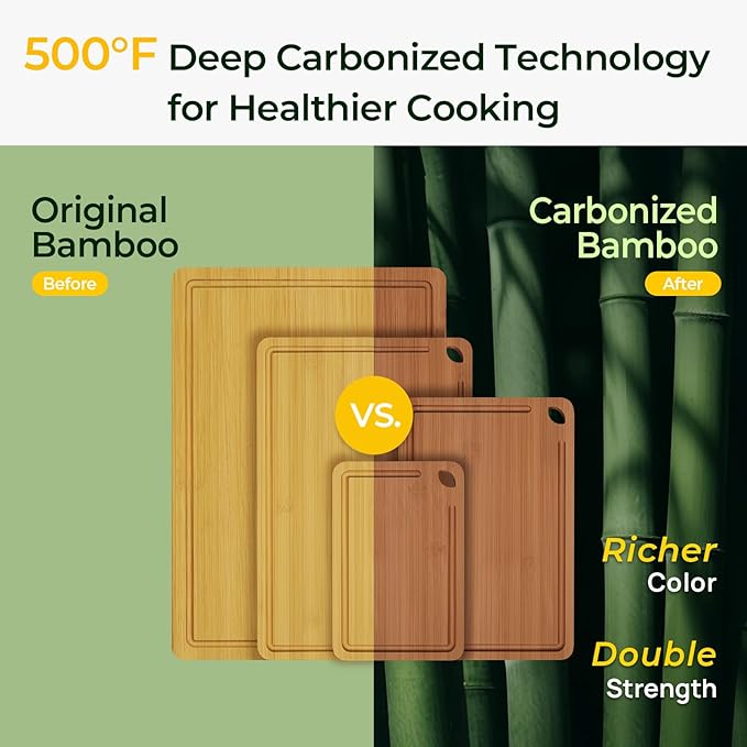 Keechee Wood Cutting Board, Carbonized Bamboo Cutting Boards Set With Smooth Surface & Easy Storage For Busy Kitchens, Ideal Charcuterie & Chopping, Durable, Knife-Friendly (4Pcs)