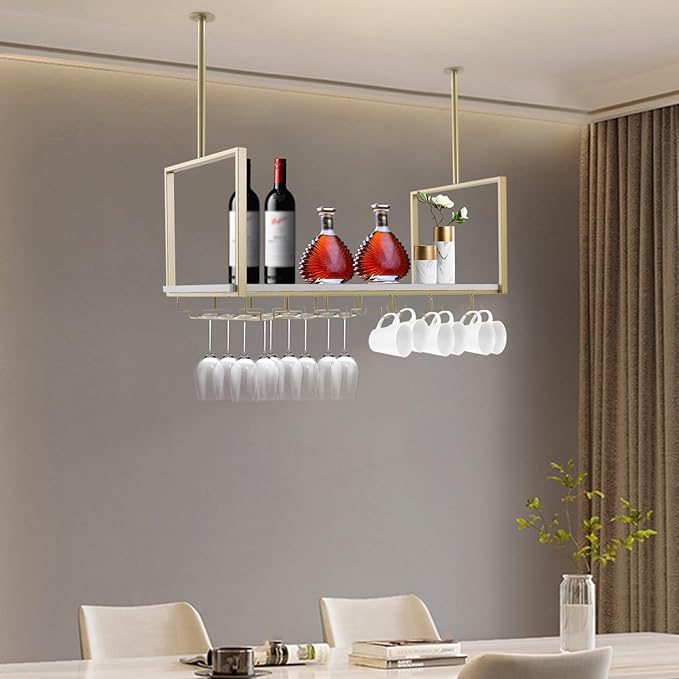 Industrial Wall Mounted Wine Rack with Glass Holder Shelf, Metal Ceiling Hanging Stemware Rack, Floating Storage Shelf for Bar Cafe Kitchen Restaurant