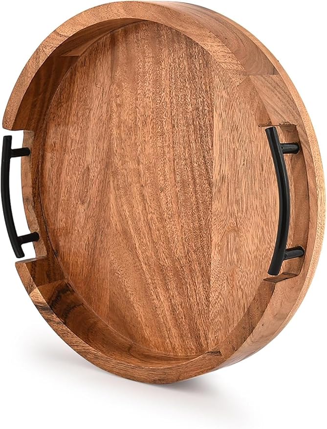NIRMAN Acacia Wood Tray Round Rustic Farmhouse Wooden Platter for Coffee Table, Ottoman, Drinks, Breakfast with 2 Black Iron Handles (12" X 12" X 1.6")