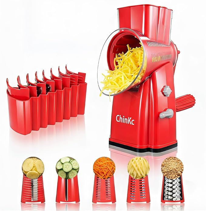 Upgrade Rotary Cheese Grater Shredder with Handle, Strong Suction Base, Multi-purpose Rotary Grater Slicer with 5 Interchangeable Blades for Ice, Vegetables, Fruit, Nuts with Blade Storage Box