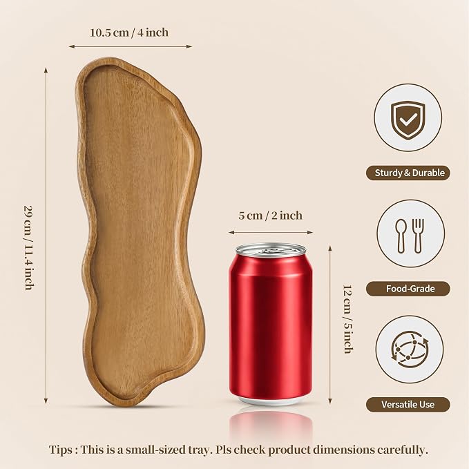 Small Wooden Tray | Acacia Wood Tray for Vanity, Bathroom Counter, Coffee Table & Toilet | Perfect for Jewelry, Remote, Perfumes & Catch All | Mini Charcuterie Board Serving Platter (Footprint Shape)