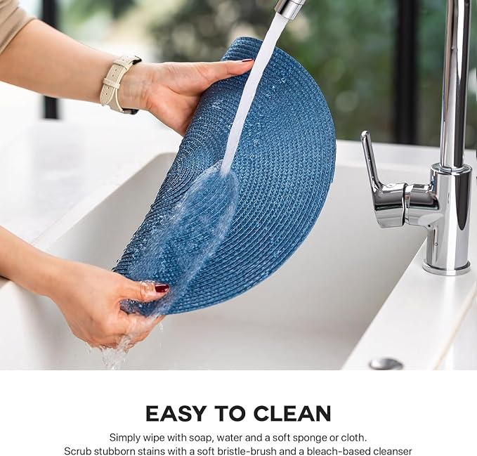 Baroyal Round Placemats Set of 4 Plastic Woven Placemats Washable Wipeable Table Mats for Dining Table Heat Resistant Non-Slip Circle Place Mats (Royal Blue)