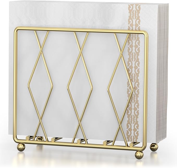 Napkin Holder for Table, Modern Metal Napkin Holders for Paper Napkins & Kitchen Dining & Countertops, Cocktail Upright Napkin Holder Dispenser Suitable for All Room Decors (Large, Gold)