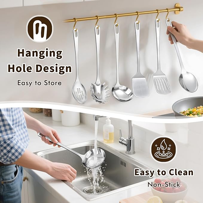 9 Pcs Cooking Utensils Set, Stainless Steel Kitchen Utensils, Heat Resistant Metal Kitchen Tools Include Solid & Slotted Turner Wok Spatula, Serving Spoon, Ladle, Pasta Server, Meat Fork, Tongs Silver