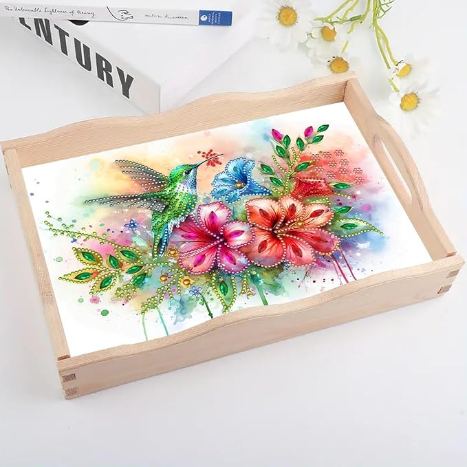2Pcs DIY Diamond Serving Tray with Handle Handmade Gem Painting Wooden Rectangular Breakfast Tray for Dinner Plate Coffee Room Living Home Organizer-02