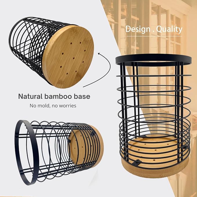 7.2“ Kitchen Utensil Holder with Removable Dividers, Large Countertop Organizer for Cooking Tools, 4 Partitions Mesh Utensil Holder with Bamboo Base ,Matte Black