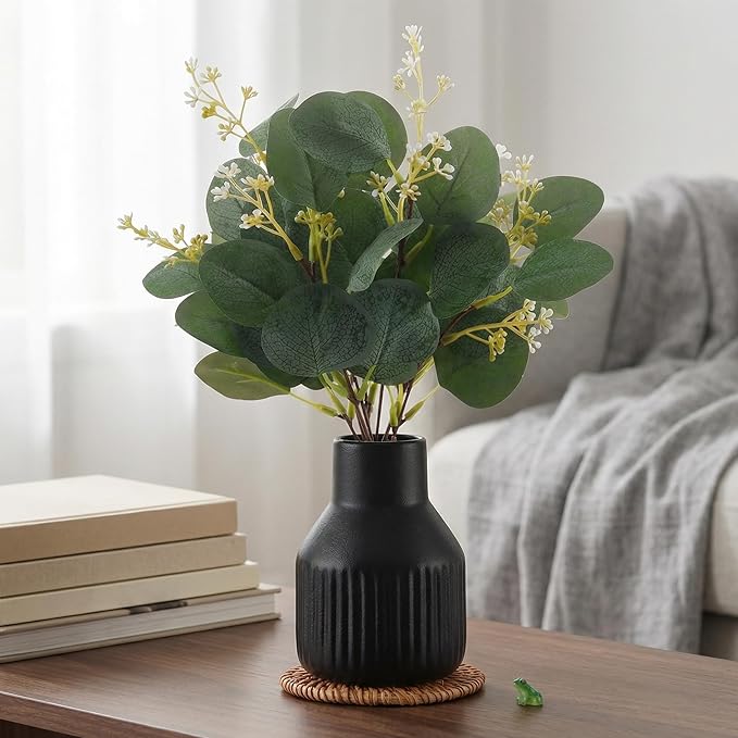 Artificial Eucalyptus Greenery Stems in Ceramic Vase,10Pcs Fake Plants Eucalyptus Leaves faux Plants for Centerpiece Table Decorations Home Room Decor office desk decor Greenery Decor indoor (Black)