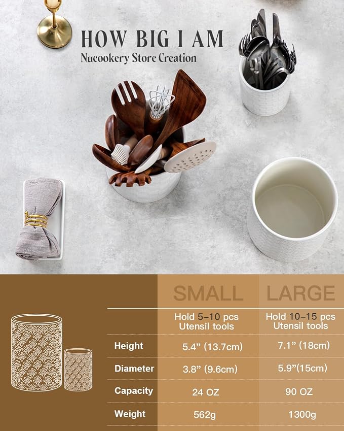 Nucookery Utensil Holder for Kitchen Counter, White Large Stable Ceramic Cooking Utensil Crock for Countertop Organizer, Farmhouse Decor, Set of 2, 7.1"&5.4",Christmas Thanksgiving Gift, Petal Pattern