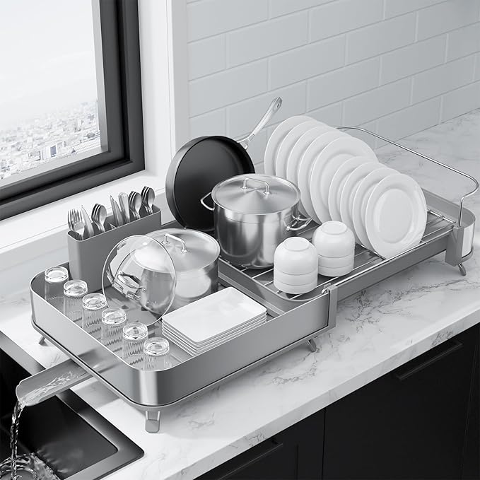 Kitsure Dish Drying Rack - Expandable Stainless Steel Dish Racks for Kitchen Counter, Auto-Drain Drying Rack for Kitchen with Cutlery Holder & Non-Slip Feet, 16.1-26.6" L x 12.6" W, Grey