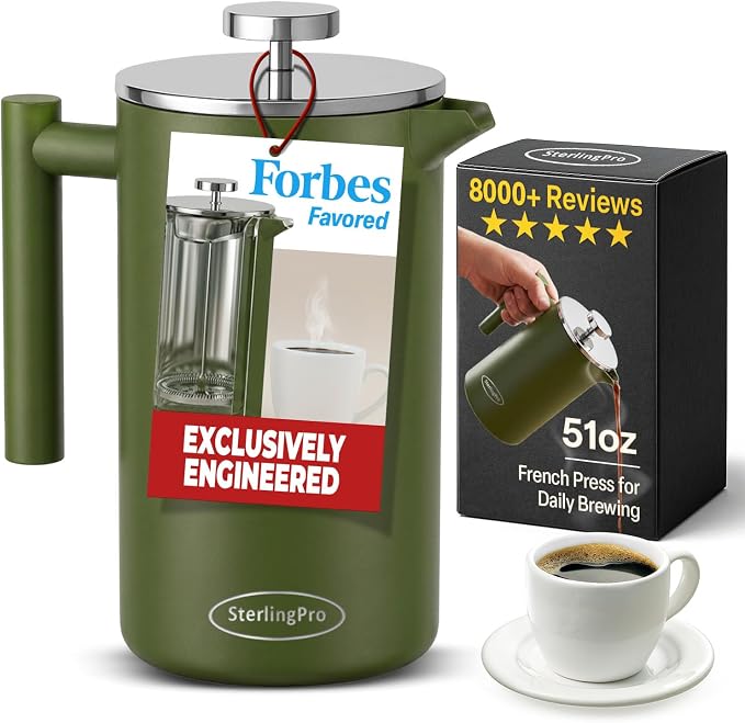 SterlingPro Non-Toxic Large Insulated Stainless Steel French Press Coffee Maker 51oz Capacity (44 oz Brew Yield) – Double Wall Metal Coffee Press | Cool-Touch | Green Finish | 12 Cups / 6 Mugs