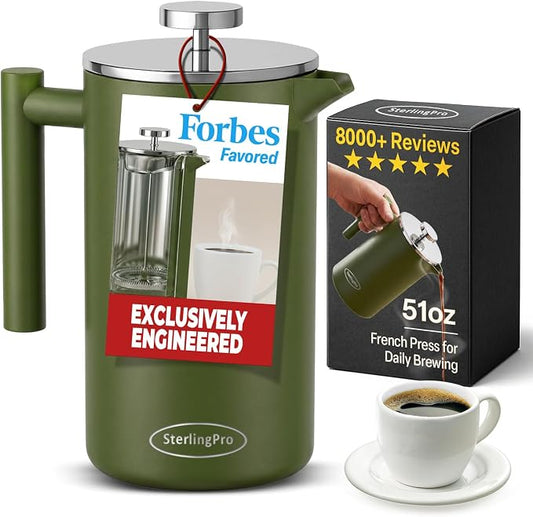 SterlingPro Non-Toxic Large Insulated Stainless Steel French Press Coffee Maker 51oz Capacity (44 oz Brew Yield) – Double Wall Metal Coffee Press | Cool-Touch | Green Finish | 12 Cups / 6 Mugs