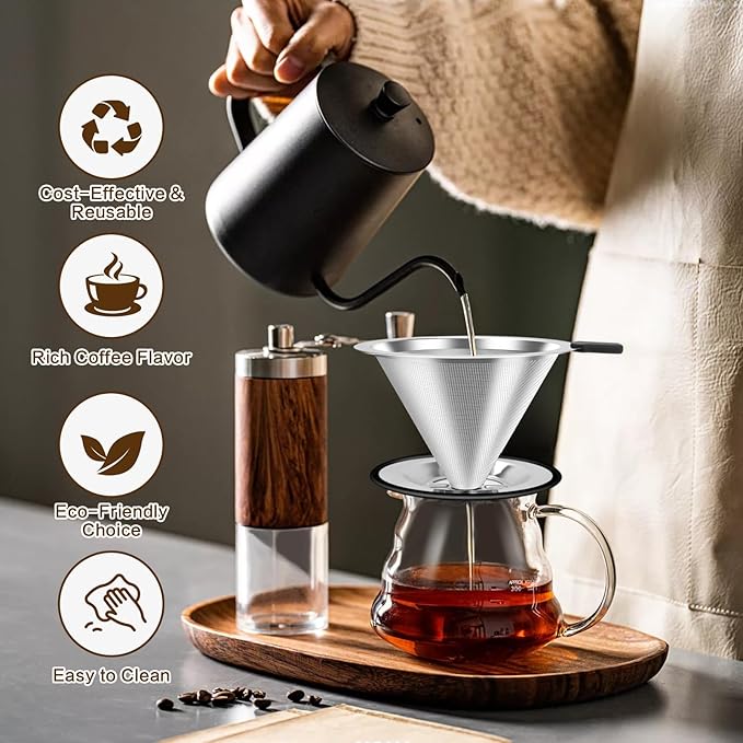 Pour Over Coffee Dripper, Stainless Steel Coffee Filter, Paperless Reusable Coffee Filter, Double Micromesh 600 Mesh Strainer Coffee Maker with Heat-Resistant Silicone Handle & Base for 1-2 Cup