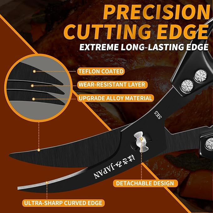 Huusk Seafood Scissors Black - Stainless Steel Kitchen Shears Dishwasher Safe, Sharp Japanese-Style Kitchen Scissor for Crab, Shrimp, Lobster, Herbs and Food Prep, Gifts for Men Women